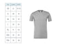 A size chart table listing sizes XS through 3XL with length and width measurements, shown next to a plain heather gray short-sleeve crew-neck T-shirt on a white background.