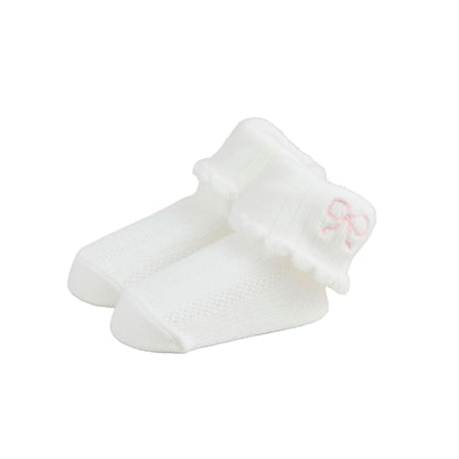 baby girl white foldover socks with mini pink bow embroidery