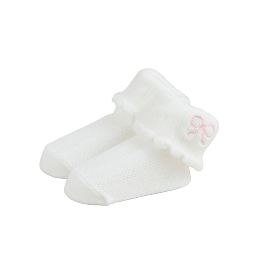 baby girl white foldover socks with mini pink bow embroidery