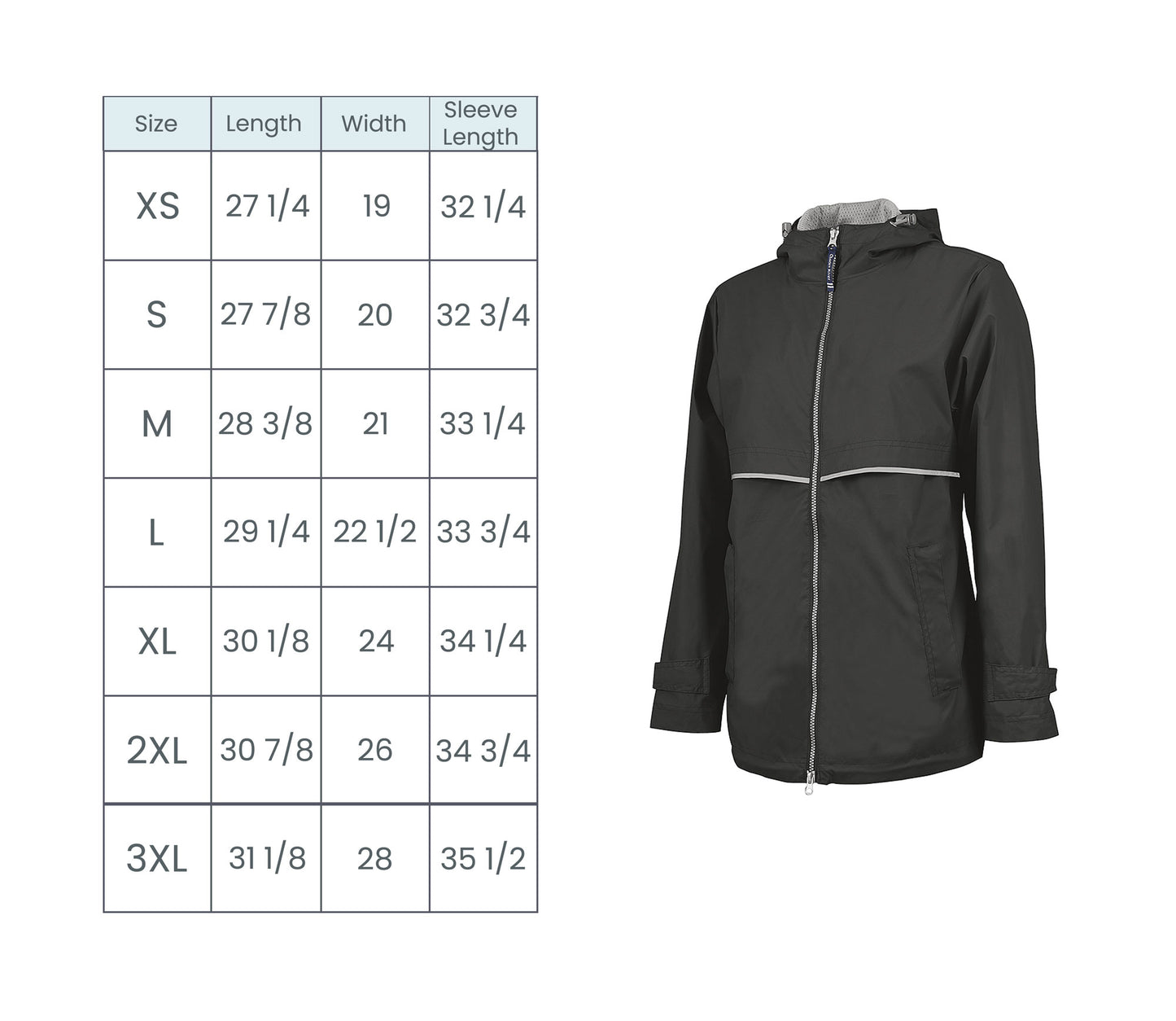 Millie new Englander rain jacket size chart