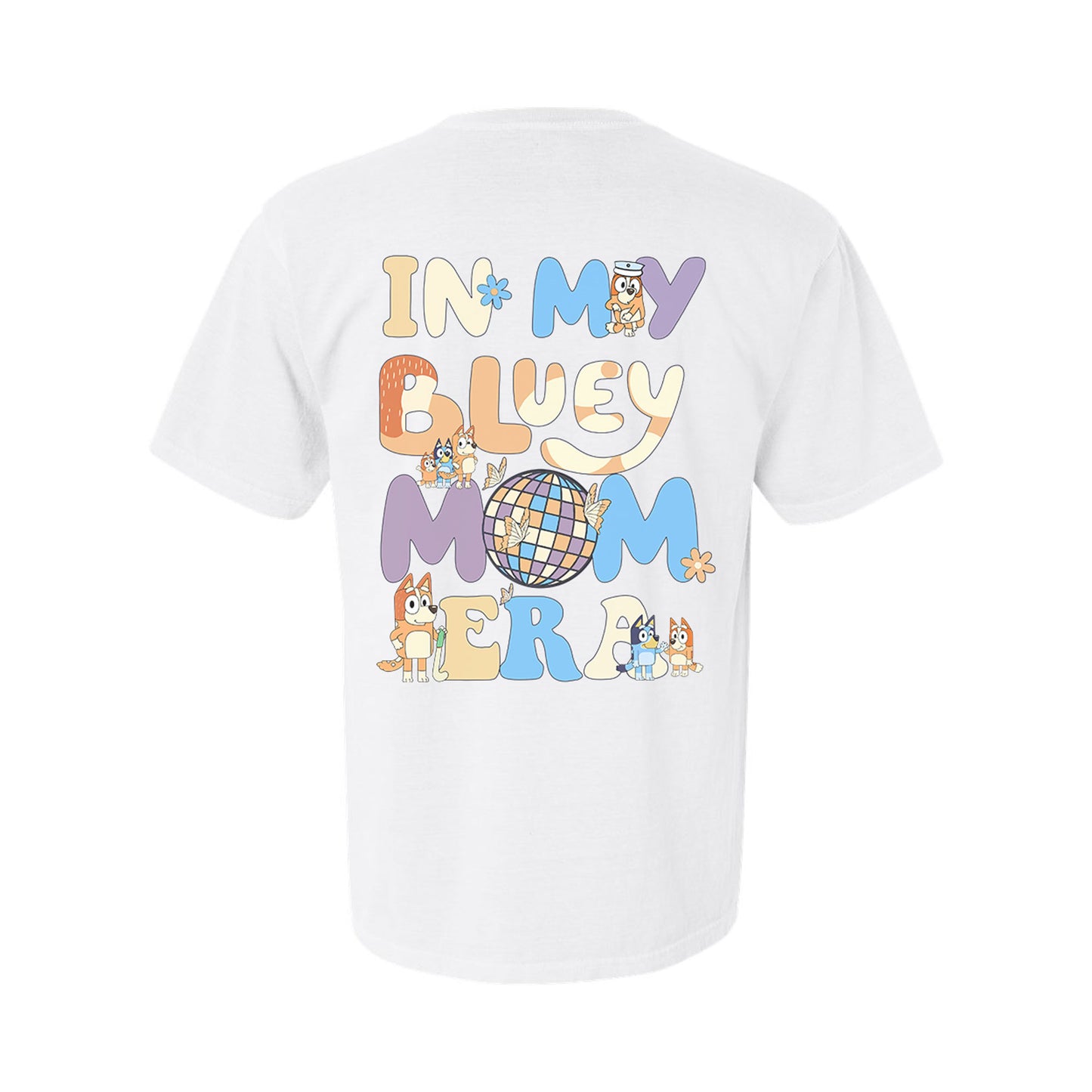 back of a white comfort colors tee with a in my blue mom era printed design