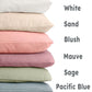 pillow color options: white, sand, blush, mauve, sage, pacific blue