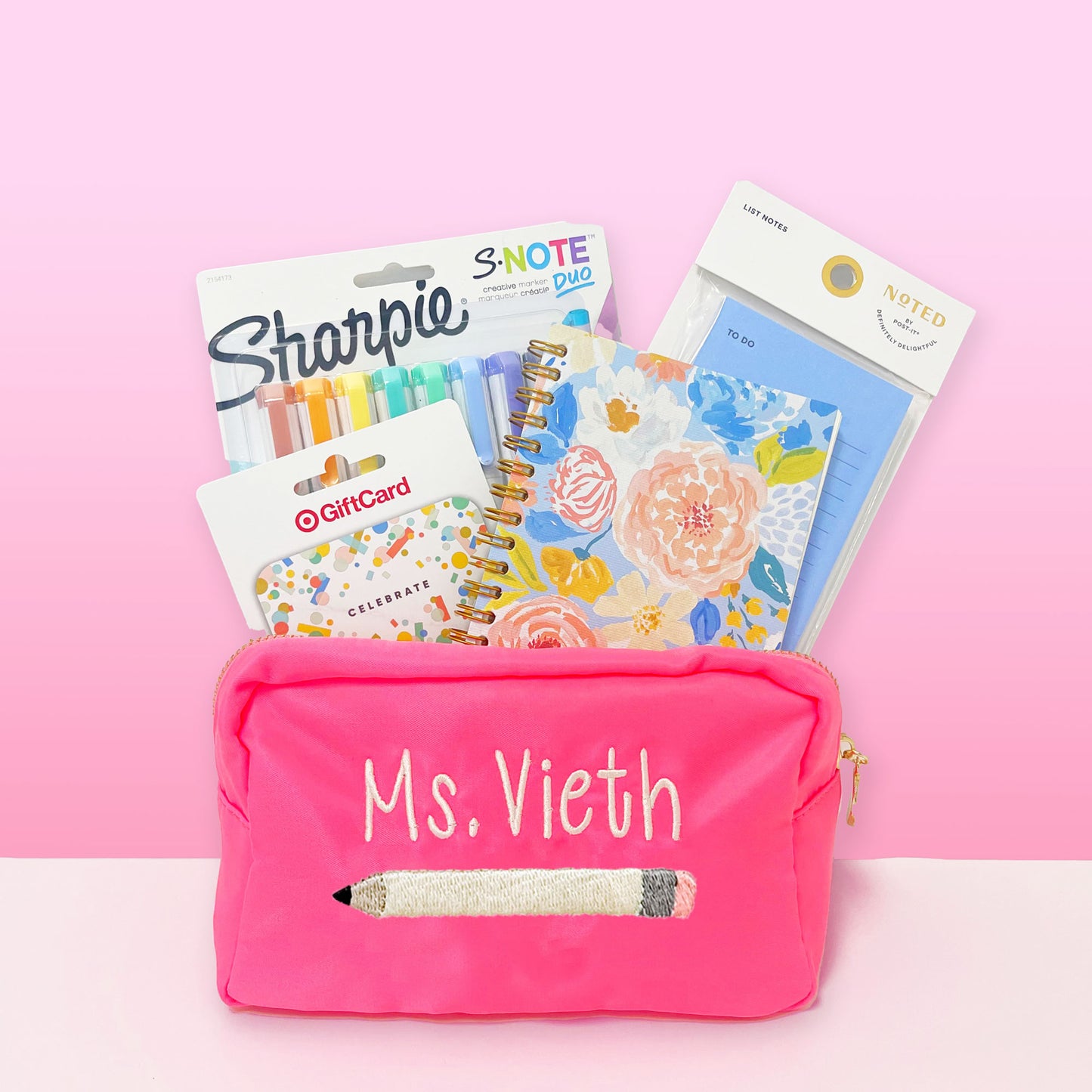 coral pink pencil pouch with embroidered name and pencil design  Edit alt text