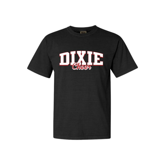 black comfort colors t-shirt with a dixie cheer dtf print in white and red