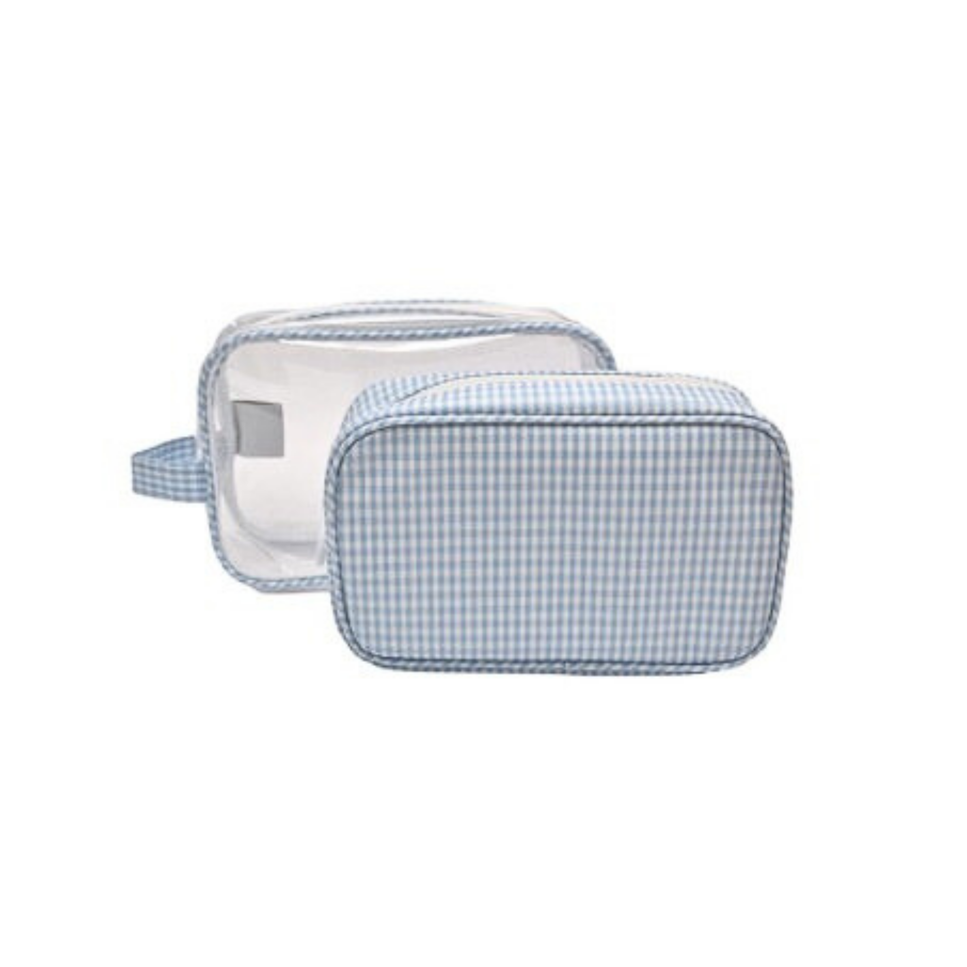 Two small pouches, one blue checkered pouch and one clear pouch on a white background