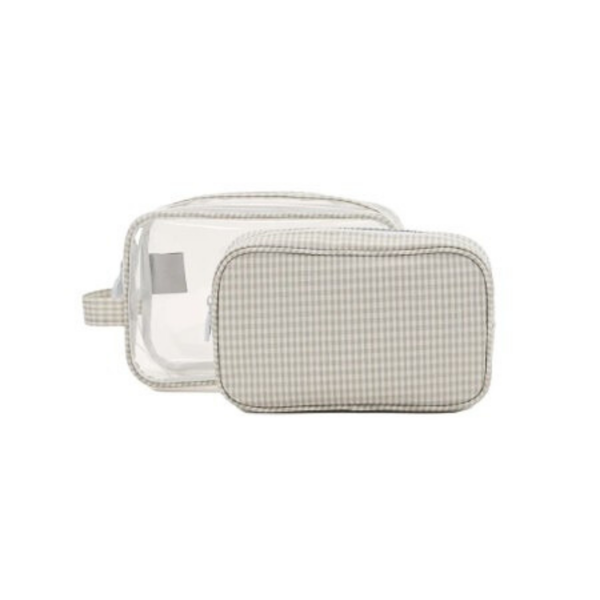 Clear toiletry bag  and checkered  toiletry bag with textured gray cover on a white background