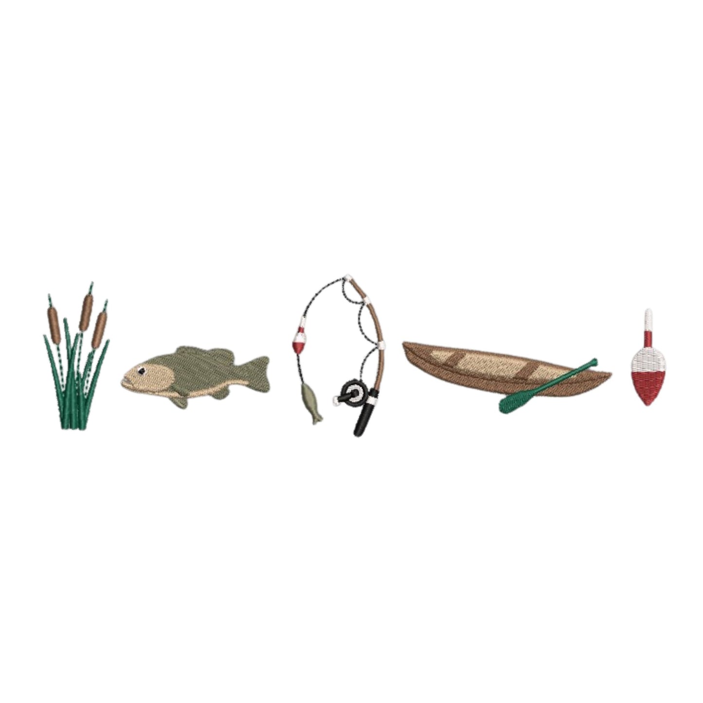 custom embroidered fishing icons including cattails, bass fish, fishing rod, canoe, and bobbin