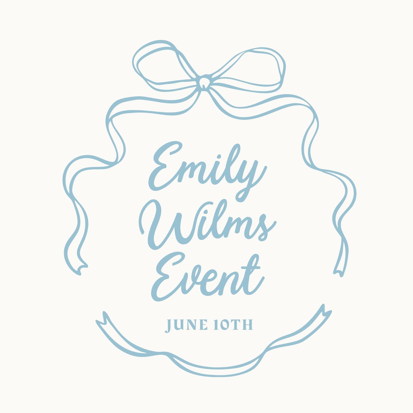 Light blue decorative ribbon with 'Emily Wilms Event' text on a white background