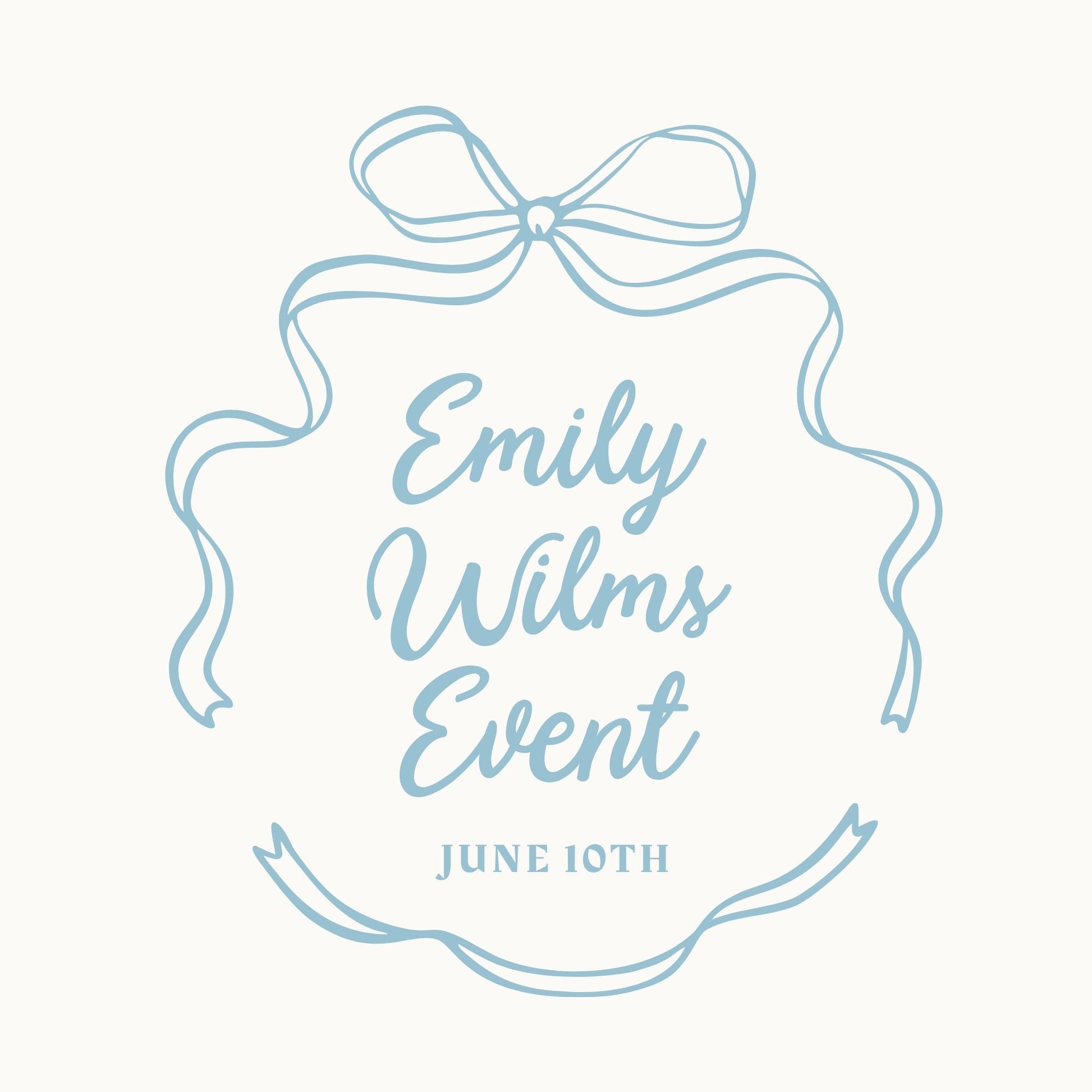 Light blue decorative ribbon with 'Emily Wilms Event' text on a white background