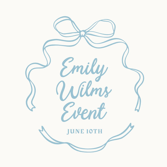 Light blue decorative ribbon with 'Emily Wilms Event' text on a white background