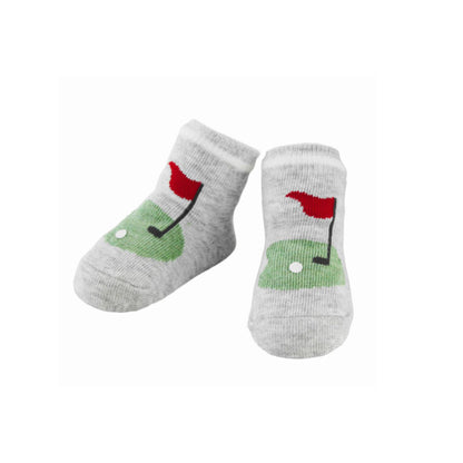 Pair of baby socks with golf design on a white background