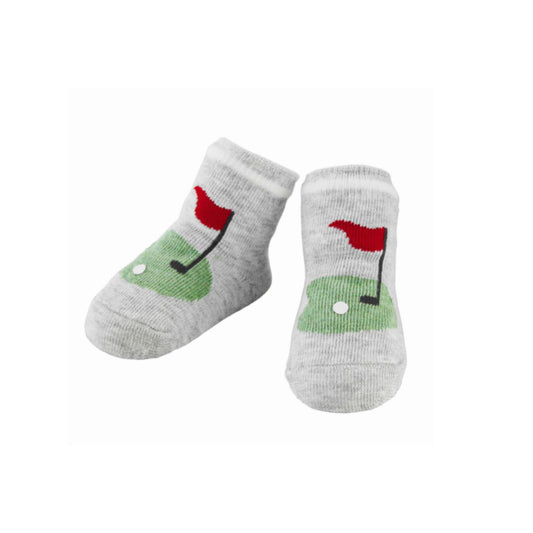 Pair of baby socks with golf design on a white background