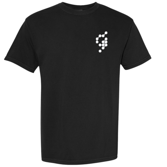 Black t-shirt with white graphics on front and back on a white background