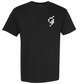 Black t-shirt with white graphics on front and back on a white background