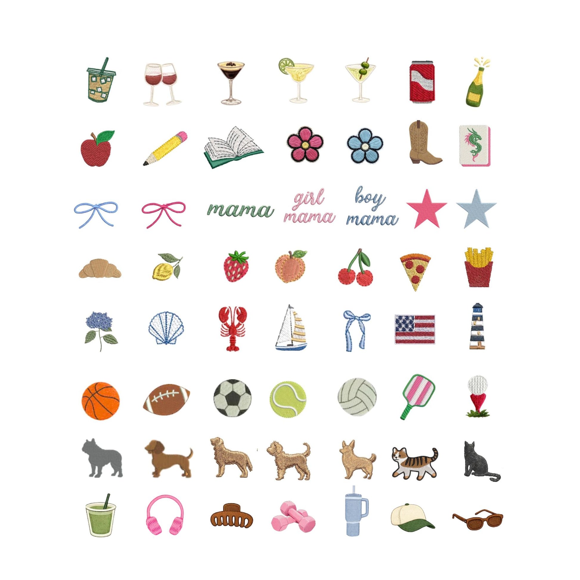 Collection of various icons and illustrations on a white background