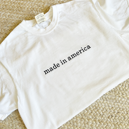 embroidered made in america white comfort colors tshirt
