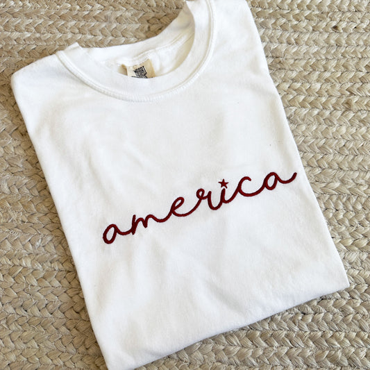 white embroidered America comfort colors tee