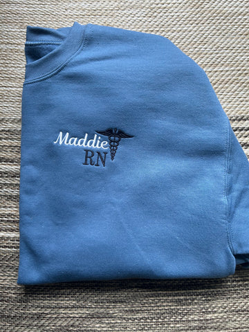 Indigo Personalized Nurse Pullover Sweatshirt  | XL | Maddie RN | Blooper