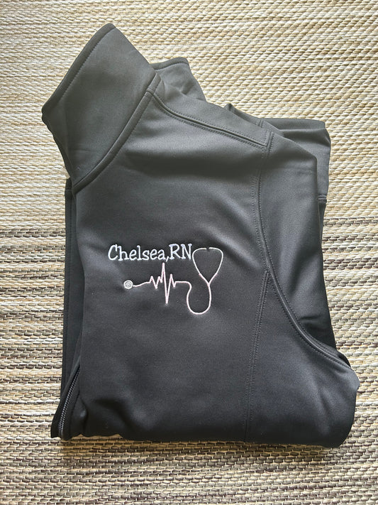 Black Personalized Nurse Polyester Jacket | Large | Chelsea, RN | Blooper