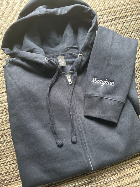 Navy Personalized Cuff Embroidery Full Zip Hoodie | Medium | Meaghan | Blooper