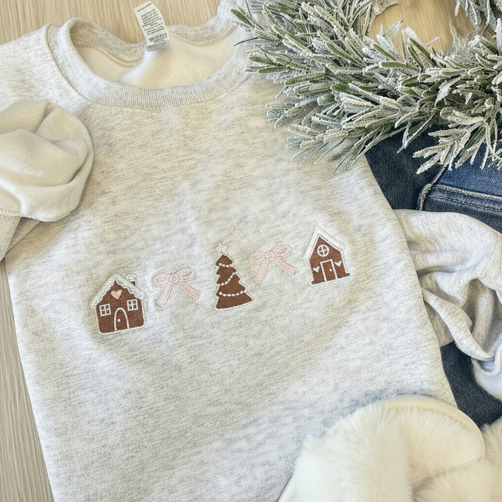Heather oatmeal sweatshirt with decorative gingerbread and bow embroidery 