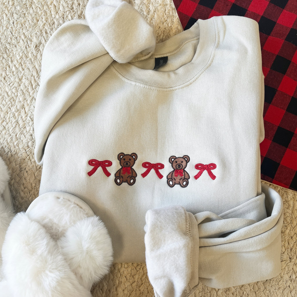 sand crewneck sweatshirt with custom bear and bow embroidered designs