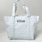 pimlico plaid blue jumbo tote with custom name embroidered in royal blue with Handicraft font