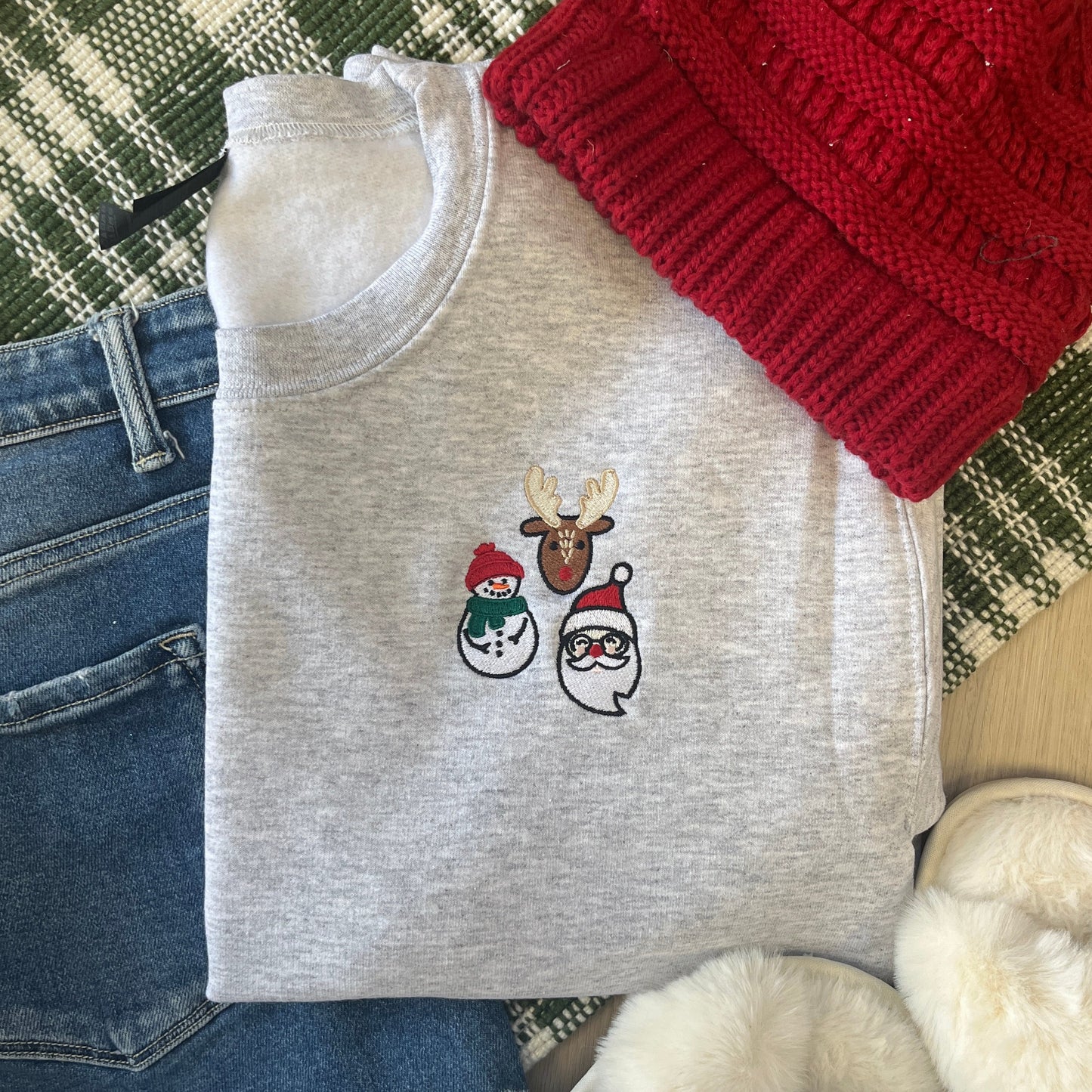 grey sweatshirt with snowman, reindeer, santa embroidery