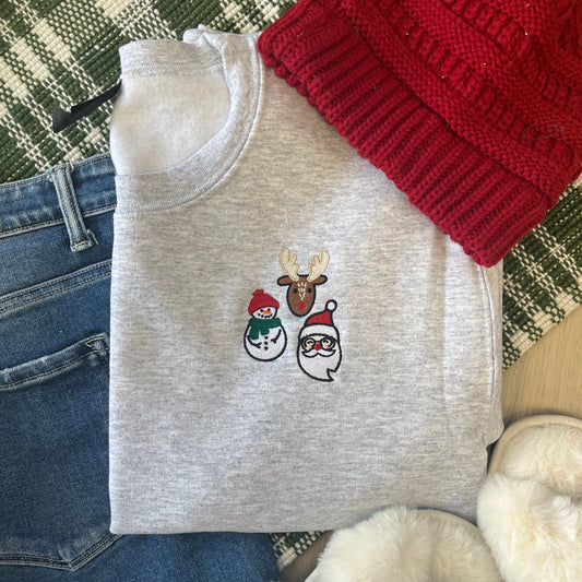 grey sweatshirt with snowman, reindeer, santa embroidery