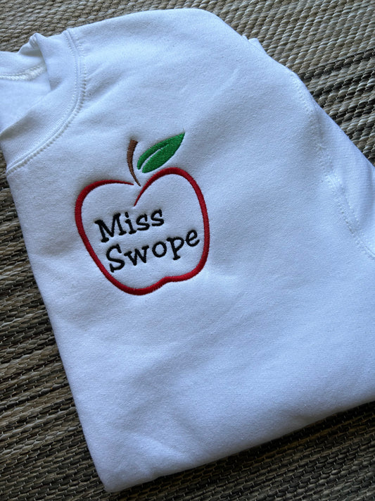 White Personalized Teacher Apple Crewneck Sweatshirt | Small | Miss Swope | Blooper