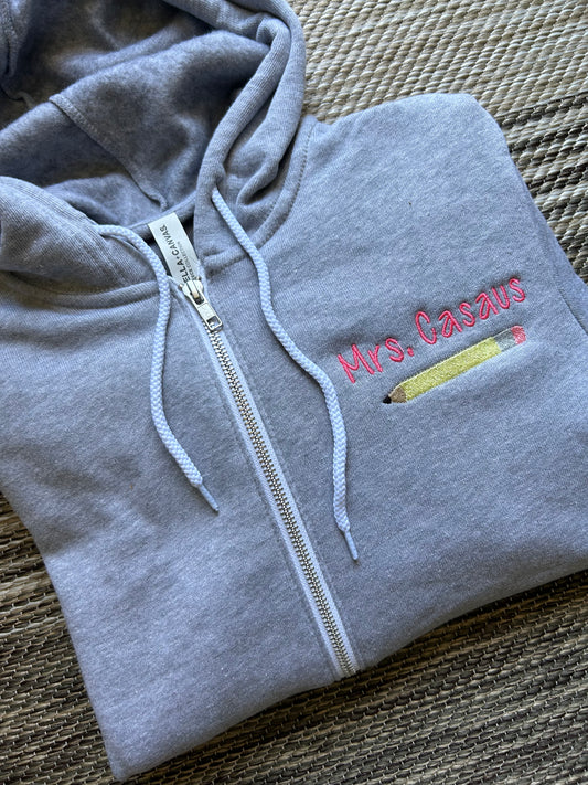 Athletic Heather Bella Canvas Personalized Teacher Pencil Hooded Sweatshirt | Small | Mrs. Casaus | Blooper