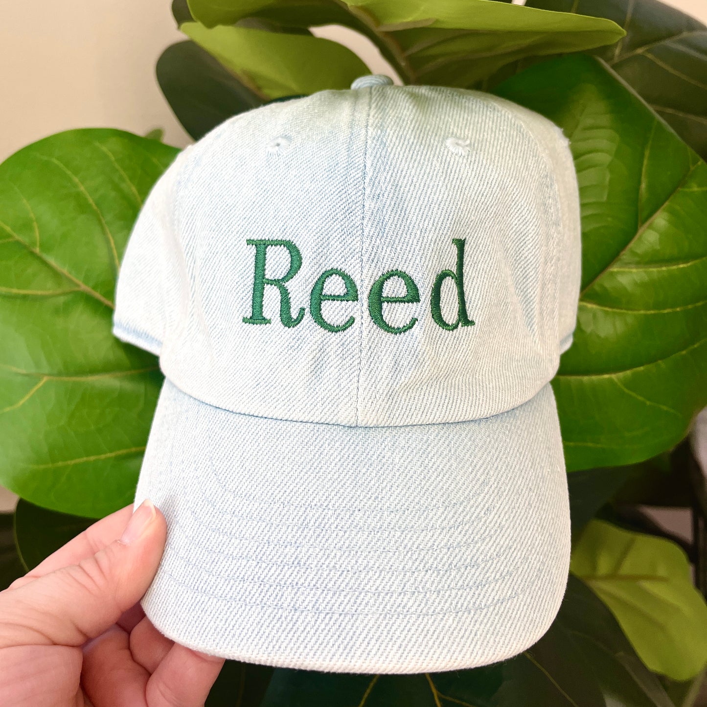 White cap with 'Reed' embroidered on it held in front of green leaves