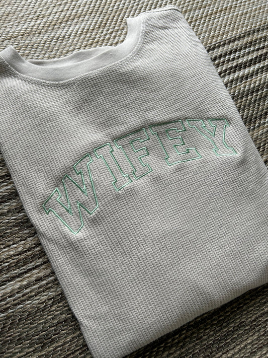 Oat Embroidered WIFEY Waffle Crewneck Sweatshirt | Large | Blooper