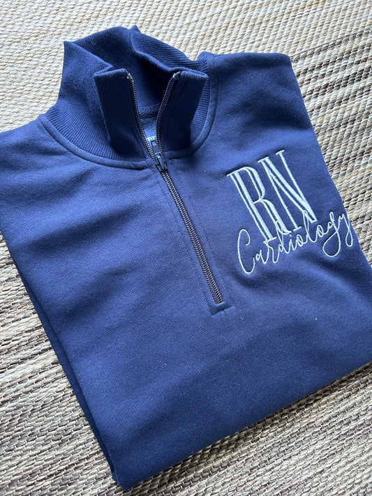 Navy Personalized RN Quarter Zip | Small | RN Cardiology | Blooper