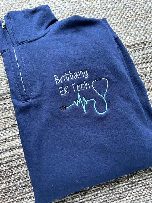 Navy Personalized Nurse Jessie Quarter Zip Pullover with Heartbeat Stethoscope | Medium | Brittany ER Tech | Blooper