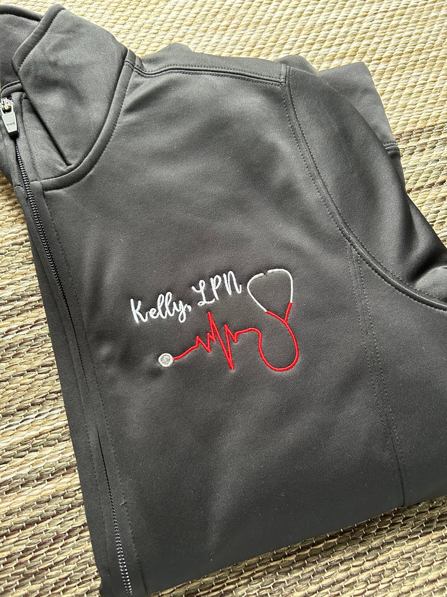 Black Personalized Stethoscope Polyester Full Zip Jacket | Medium | Kelly, LPN | Blooper
