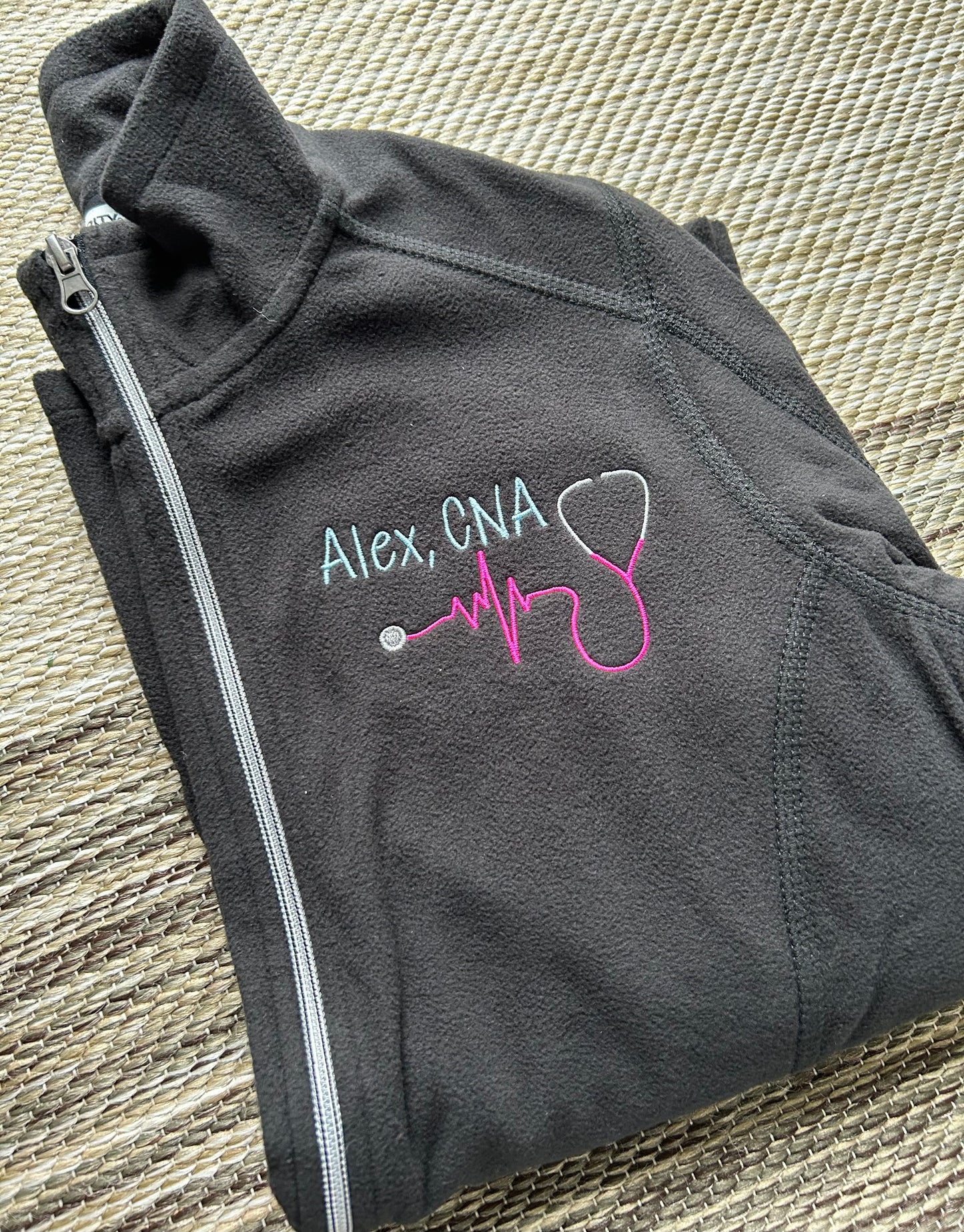 Black Personalized Heartbeat Stethoscope Lightweight Fleece Full Zip Jacket | Medium | Alex, CNA | Blooper