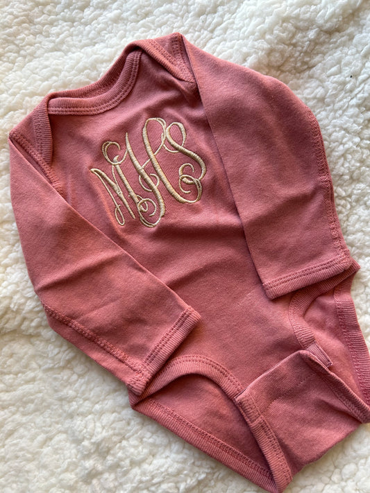 Mauve Monogrammed Baby Long Sleeve Bodysuit | Newborn | MHS | Blooper