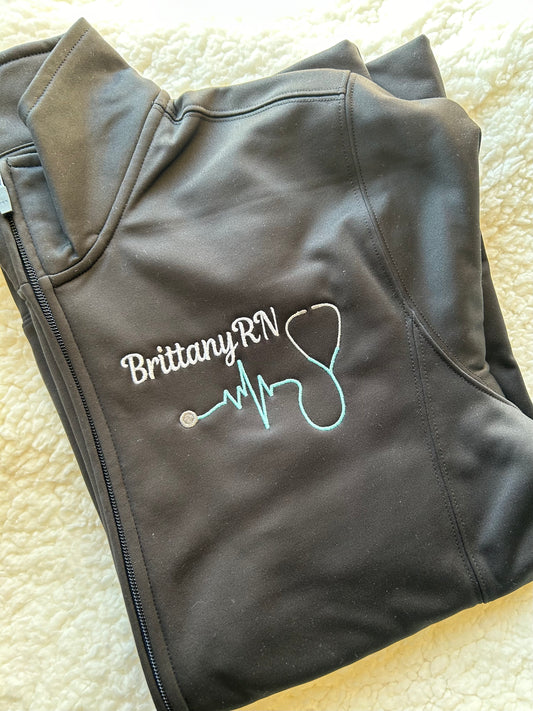 Black Personalized Stethoscope Polyester Full Zip Jacket | Large | Brittany RN | Blooper