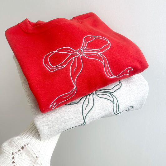 Large Ribbon Bow Embroidered Crewneck Sweatshirt | Holiday Bow Sweatshirt