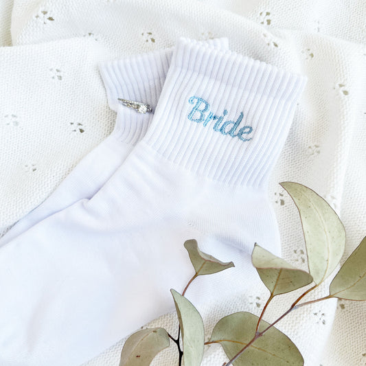 white ankle crew socks with custom bride powder blue embroidered design