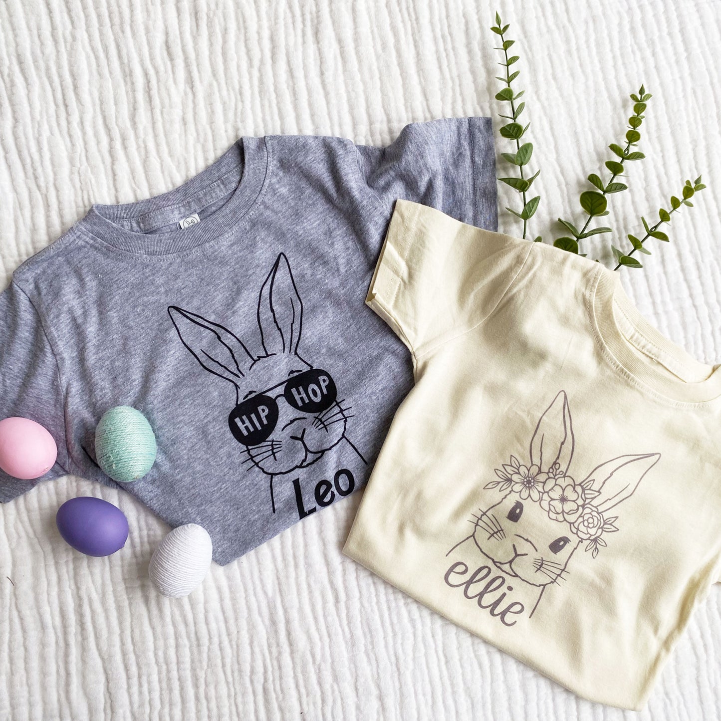 toddler t-shirts with custom outlined bunnys and names printed on the front