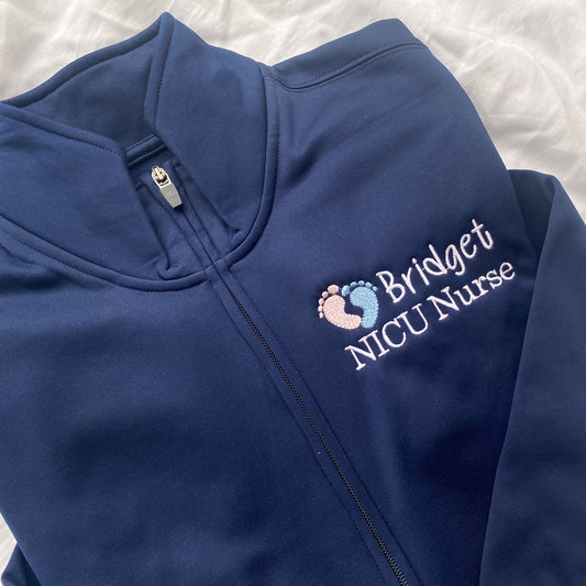 navy poly zip jacket with name and baby feet embroidery