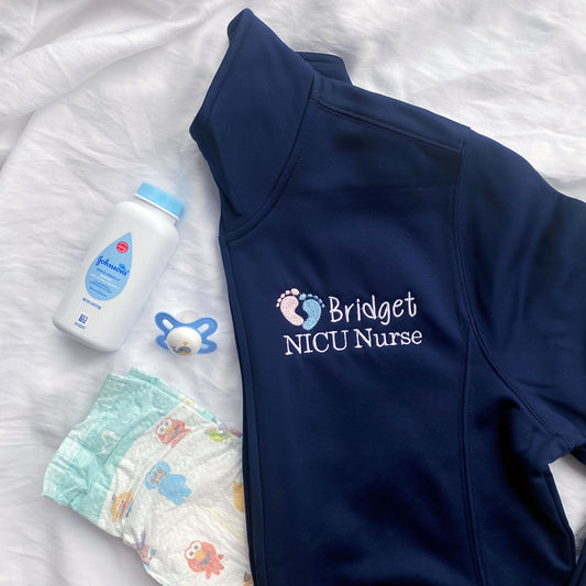 full zip polyester jacket with name and nicu credential embroidery