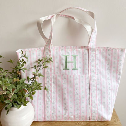 foral pink striped jumbo tote bag with custom embroidered initial in silver sage thread