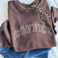 terra brown pullover sweatshirt with custom coffee athletic block embroidered design across the chest