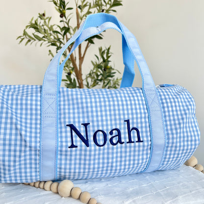 baby blue gingham duffle with custom navy name embroidery