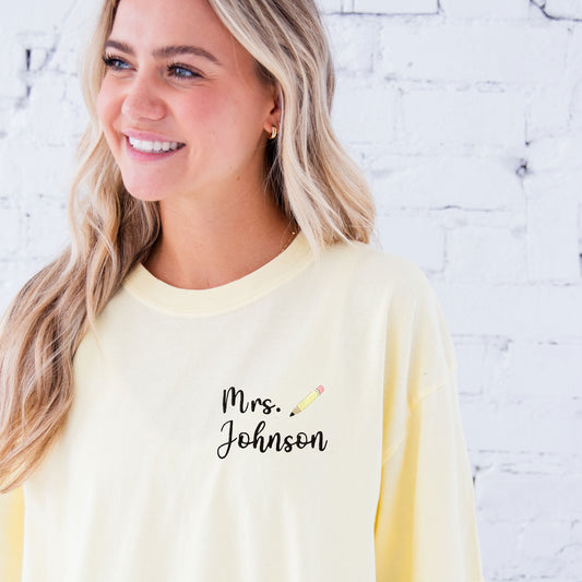 Personalized Teacher Mini Pencil Comfort Colors Embroidered T-Shirt