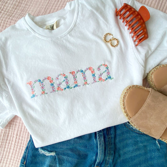 white comfort colors tee with floral mama embroidered design
