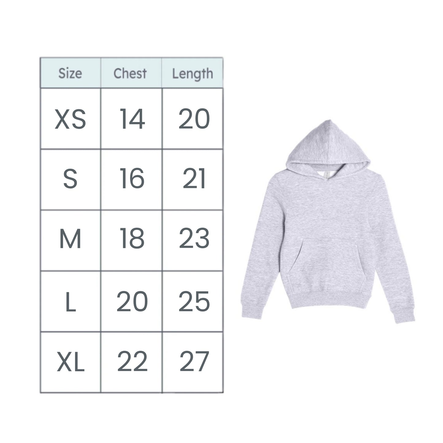 A size chart for a hoodie showing chest and length measurements from XS to XL, next to a light heather gray pullover hoodie on a white background.